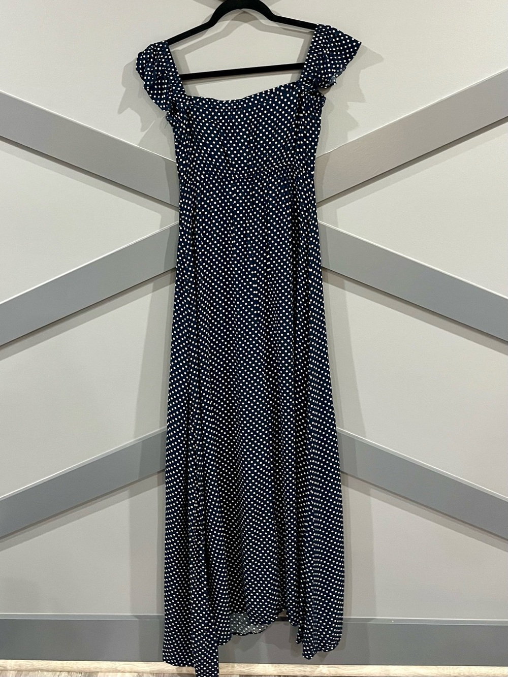 Lulu's Navy and White Polka Dot Off-Shoulder Maxi Dress